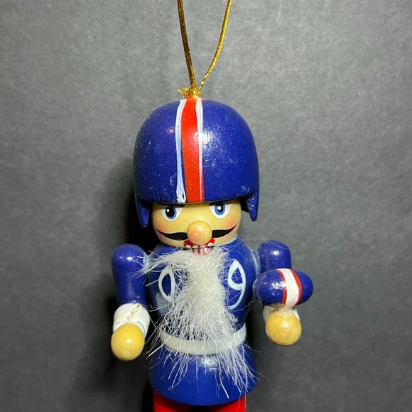 Hand Painted Blue Red White Wooden Football Player Nutcracker Christmas Ornament - Picture 2 of 8
